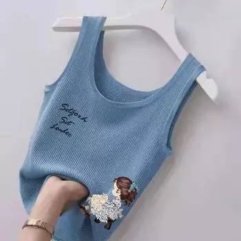 Новый летний женский топ на бретельках без рукавов, милый свободный жилет из ледяного шелка для маленьких девочек размера плюс M синий