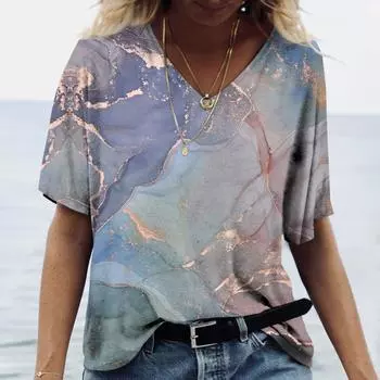 Новый летний женский топ с v-образным вырезом, футболка с короткими рукавами и 3D-текстурным принтом, повседневная универсальная одежда для проживания в семье в стиле ретро Y2K XS