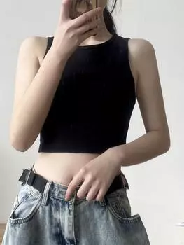 Новый летний женский укороченный топ в стиле ретро с высокой талией для похудения, эластичный тонкий короткий топ без рукавов S бежевый