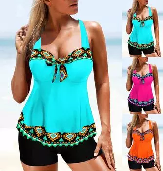 Новый летний женский винтажный кружевной принт сексуальный модный праздничный синий пляжный купальник S-6XL 5XL синий