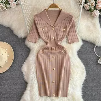 Новый летний женский вязаный свитер с лацканами, однотонное платье с коротким рукавом, облегающее мини-платье для вечеринок One Size коричневый