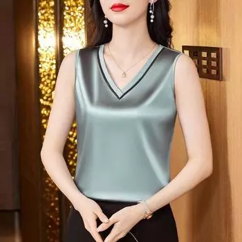 Новый летний жилет из искусственного шелка, женская внутренняя свободная рубашка из шелка тутового дерева, однотонная рубашка с V-образным вырезом XL (85-52.5 kg)