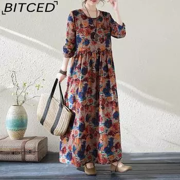 Новый литературный праздничный стиль для путешествий, стареющие дамы с круглым вырезом и принтом, винтажное платье макси, платья большого размера L разноцветный
