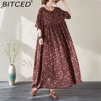 Новый литературный ретро свободный тонкий темперамент в длинной части платья с короткими рукавами больших ярдов One Size бордовый