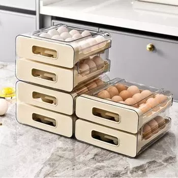 Новый лоток для яиц большой емкости, двухъярусная полка для хранения яиц, кухонный ящик для экономии места в холодильнике бежевый