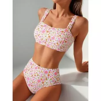 Новый маленький цветочный купальник бикини с высокой талией, сексуальный раздельный купальник, купальник женский S