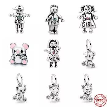 Новый медведь, мама, папа, девочка, мальчик, собака, кошка, висячие бусины «сделай сам», подходят оригинальные подвески, серебряный браслет 925 пробы для женщин и девочек, модные украшения