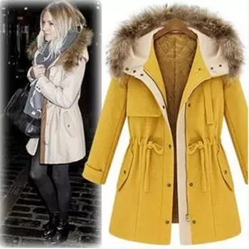 Новое теплое пальто с меховым воротником и капюшоном, модное универсальное черное пальто с завязками на талии, толстое хлопковое пальто XL жёлтый