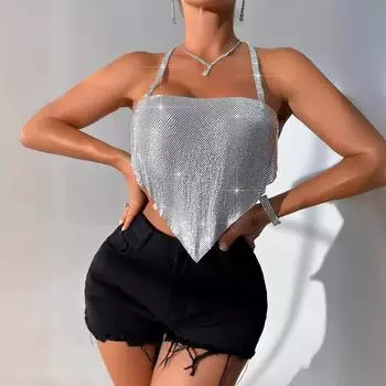 Новый металлический алюминиевый лист с принтом цепочка на шее без спинки сексуальный XS серебряный