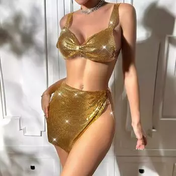 Новый металлический алюминиевый пайетки сексуальный жилет ручной работы из раздельного комплекта XS золотой