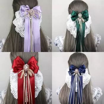 Новый милый большой бант, вышитый кружевом, заколка для волос Лолита, длинная лента, заколка для волос, резинки для волос, аксессуары для волос white 02