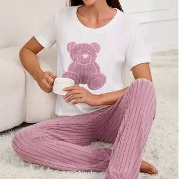 Новый милый домашний костюм-двойка свободного кроя с принтом пижамы, футболка с короткими рукавами и длинные брюки S фиолетовый