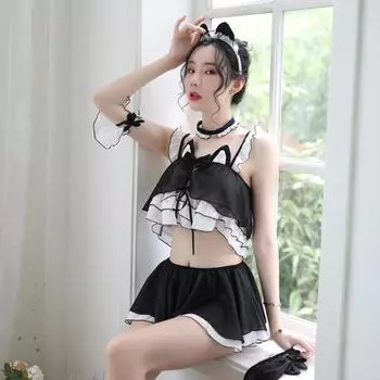 Новый милый комплект из шести предметов для девочек-кошек из шифона высокого качества, игровой комплект нижнего белья с соблазном Average size 80-60 kg