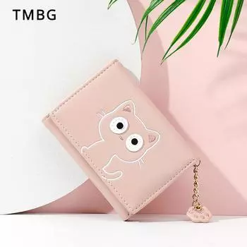 Новый милый мультяшный кот, кошелек для монет, короткий кошелек из искусственной кожи для девочек, тройные сменные карманы, детский маленький кошелек для девочек, студент, клатч, держатель для карт, зажимы для денег розовый