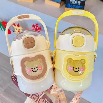 Новый милый пластиковый стаканчик Kawaii Bear для детей, портативный спортивный чайник для питья, 800 мл, бутылка для воды для девочек, мультяшная кружка для путешествий с соломой 800ml
