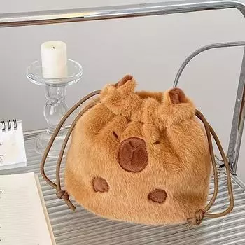 Новый милый рюкзак Capybara Drawstring, модная сумка с изображением животных из мультфильмов, сумка для хранения через плечо для девочек, милый и вместительный органайзер-кошелек коричневый
