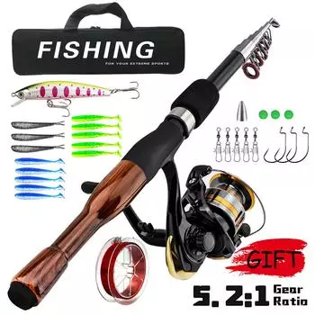 Новый мини-рыболовный набор 5.2:1 вращающаяся катушка 1,3-1,8 м с деревянной ручкой, удочка с крючком для наживки, портативная сумка для аксессуаров для пресной и соленой воды 1.3m