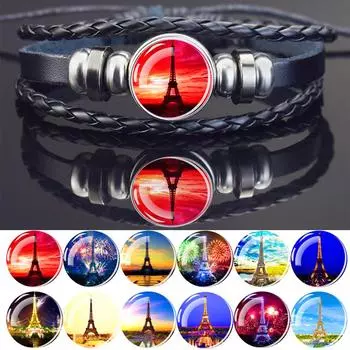 Новый модный браслет Tower, креативные 16 мм сплава, стеклянный кабошон, черные кожаные браслеты
