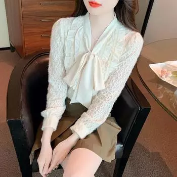 Новый модный галстук-бабочка с рюшами, повседневная свободная блузка, элегантная приталенная кружевная рубашка больших размеров для женщин, женские топы, простые офисные женские блузки 24455 S абрикосовый