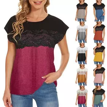 Новый модный и сексуальный женский трендовый кружевной топ в стиле пэчворк с короткими рукавами L чёрный