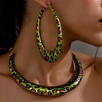 Новый модный комплект из серег и ожерелья с зеленым леопардовым принтом для женщин зелёный