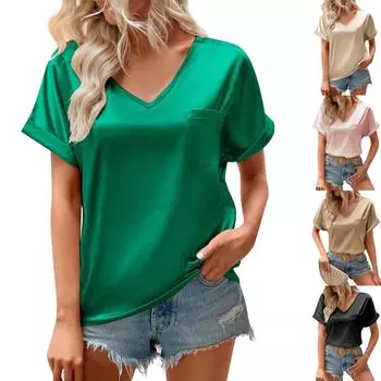 Новый модный модный женский свободный повседневный топ с v-образным вырезом и карманами с коротким рукавом M чёрный