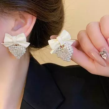 Новый модный нишевый дизайн, серьги с бриллиантами и жемчугом в форме сердца в виде сладкого банта