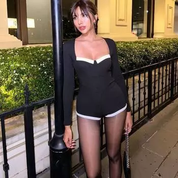 Новый модный облегающий сексуальный комбинезон с длинным рукавом и квадратным воротником, элегантный уличный комбинезон Y2K, женские комбинезоны, повседневные боди с высокой талией 25749 S чёрный