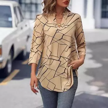 Новый модный повседневный женский топ с длинными рукавами и V-образным вырезом S хаки
