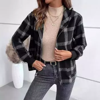 Новый модный повседневный женский топ с капюшоном и молнией в клетку S чёрный