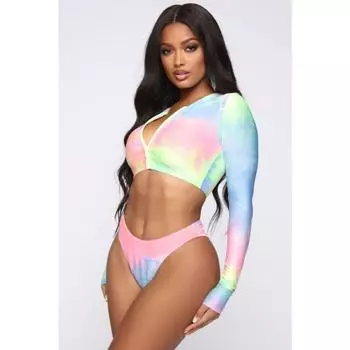 Новый модный раздельный купальник бикини с длинными рукавами и многоцветным принтом тай-дай S