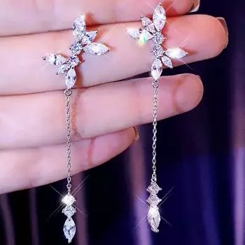 Новый модный тренд, изысканные блестящие циркониевые длинные серьги с кисточками в форме листьев, женские ювелирные изделия, повседневный подарок на день рождения, оптовая продажа