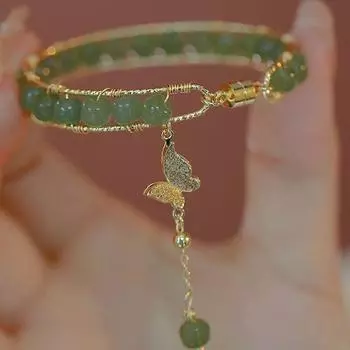 Новый модный зеленый стеклянный браслет с жемчугом, магнитная бабочка, имитация натурального нефрита Хотан, браслет для женщин и девочек, ювелирные изделия белый