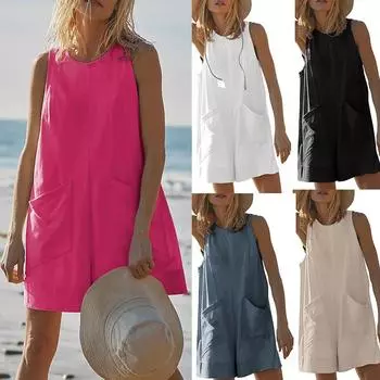 Новый модный женский комбинезон без рукавов, повседневный однотонный комбинезон на подтяжках, брюки