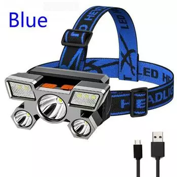 Новый мощный налобный фонарь, светодиодный пятиголовочный светильник, USB перезаряжаемый налобный портативный небольшой фонарик, уличный шахтерский фонарь, фара синий