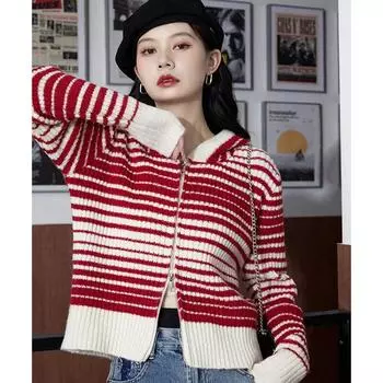 Новый мягкий кардиган с двойной молнией в полоску вязаный свитер пальто женский кардиган корейский западный универсальный кардиган с длинными рукавами