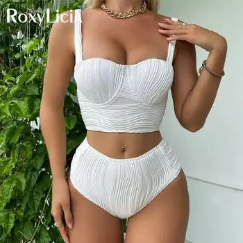 Новый мятый женский купальник на косточках с высокой талией, бикини, женский купальник, комплект из двух частей, купальный костюм, купальник S чёрный