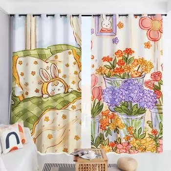 Новый мультфильм милый занавеска высокая затемнение для девочек общежитие детская комната спальня затемняющая штора окно пасторальный стиль узор новый W55 X H120cm X 2&HOOK