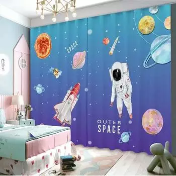 Новый мультфильм Земля Планета Космос Астронавт Ракета Печать Высокая затемняющая занавеска для детской комнаты Гостиная Оконная занавеска 2 шт. для дома W55 X H120cm X 2&HOOK