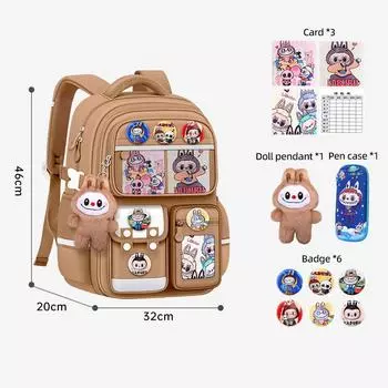 Новый мультяшный школьный рюкзак LABUBU, легкий, с защитой спины и большой вместимостью, детский школьный рюкзак для 1-6 классов коричневый