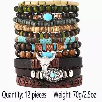 Новый мужской браслет из 12 бирюзовых деревянных бусин, с бисерными сплавными аксессуарами на эластичной леске разноцветный