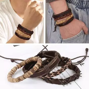 Новый мужской браслет в европейском и американском стиле из кокосовой плетеной многослойной кожи с цепочкой и бусинами W4A4 A-about 18cm(7.09in)