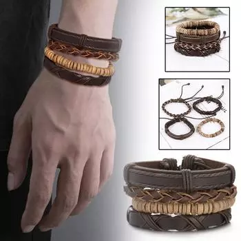 Новый мужской браслет в европейском и американском стиле из кокосовой многослойной цепочки и плетеной кожи H8P3 A-about 18cm(7.09in)