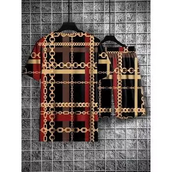 Новый мужской двухкомпонентный костюм с переплетенным принтом, летний мужской костюм из двух частей с короткими рукавами и воротником-стойкой + шорты S