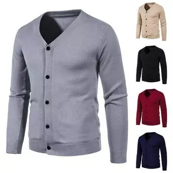 Новый мужской кардиган, вязаный джемпер на пуговицах с длинными рукавами, теплый свитер с верхними карманами M бежевый