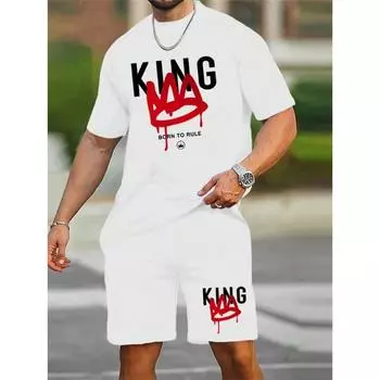 Новый мужской комплект с короткими рукавами, шорты с принтом «Футболка короля», 2 комплекта повседневного джемпера с круглым вырезом, дышащая спортивная одежда S