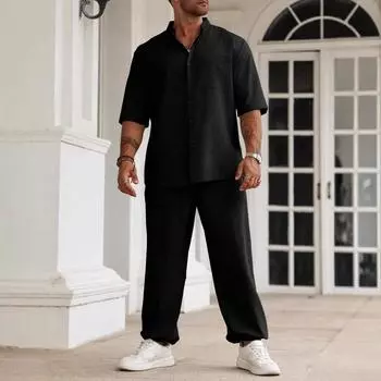 Новый мужской костюм для поездок на работу из хлопка и льна, повседневная рубашка на пуговицах, брюки с коротким рукавом для мужчин M чёрный