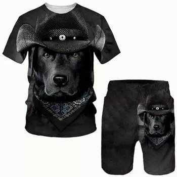 Новый мужской костюм для собак, 3D-принт, мужская футболка, шорты, комплект, спортивная одежда, летний спортивный костюм с круглым вырезом и коротким рукавом, классная одежда, костюм 2XS