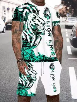 Новый мужской летний повседневный комплект из короткого рукава и шорт, классная футболка с принтом «Король Лев» и шорты на шнурке, мужской комплект M