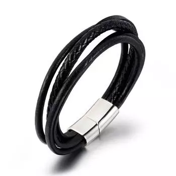 Новый мужской многослойный кожаный браслет из черной кожи из воловьей кожи из титановой стали 21